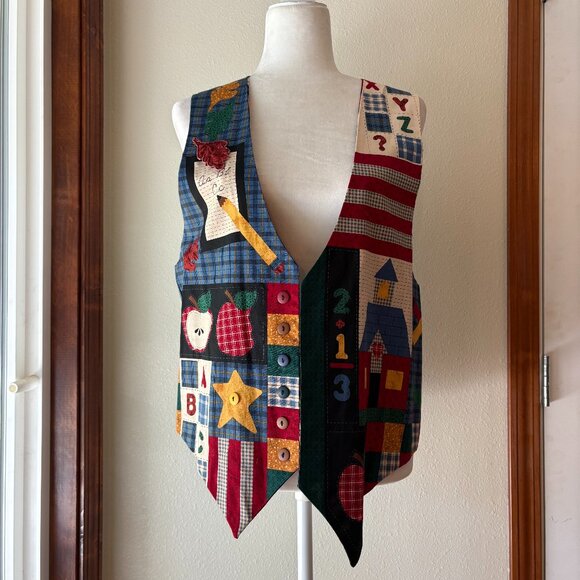 VTG 90s Handmade Reversible Teacher's Vest Fall Leaves Apples Cotton Size L - Picture 1 of 12